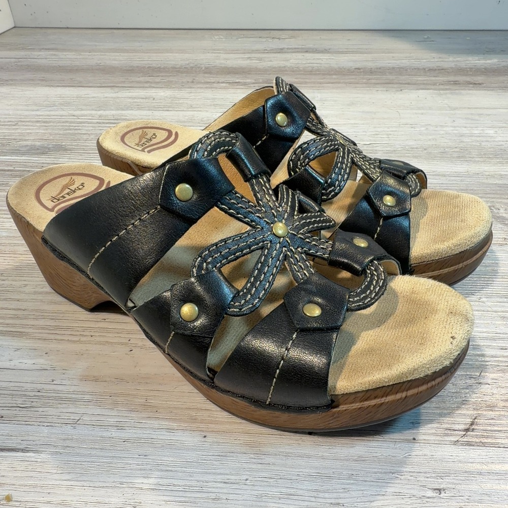 Dansko Serena Black Leather Slide Sandals Wedge Heel Open Toe Women's Size 38